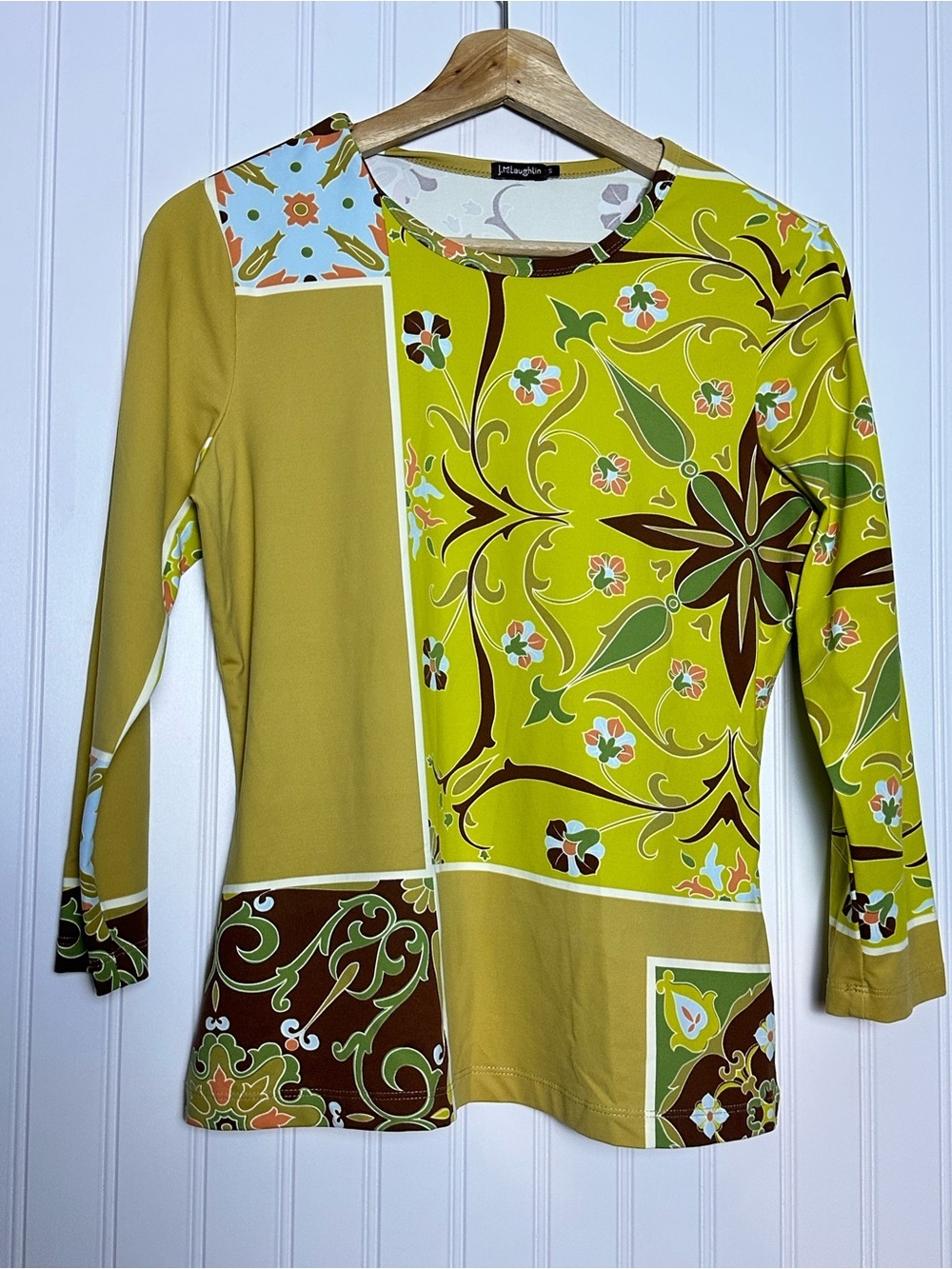 J. McLaughlin Olive & Brown Floral Patchwork Long-Sleeve Top Crew Neck Stretch S